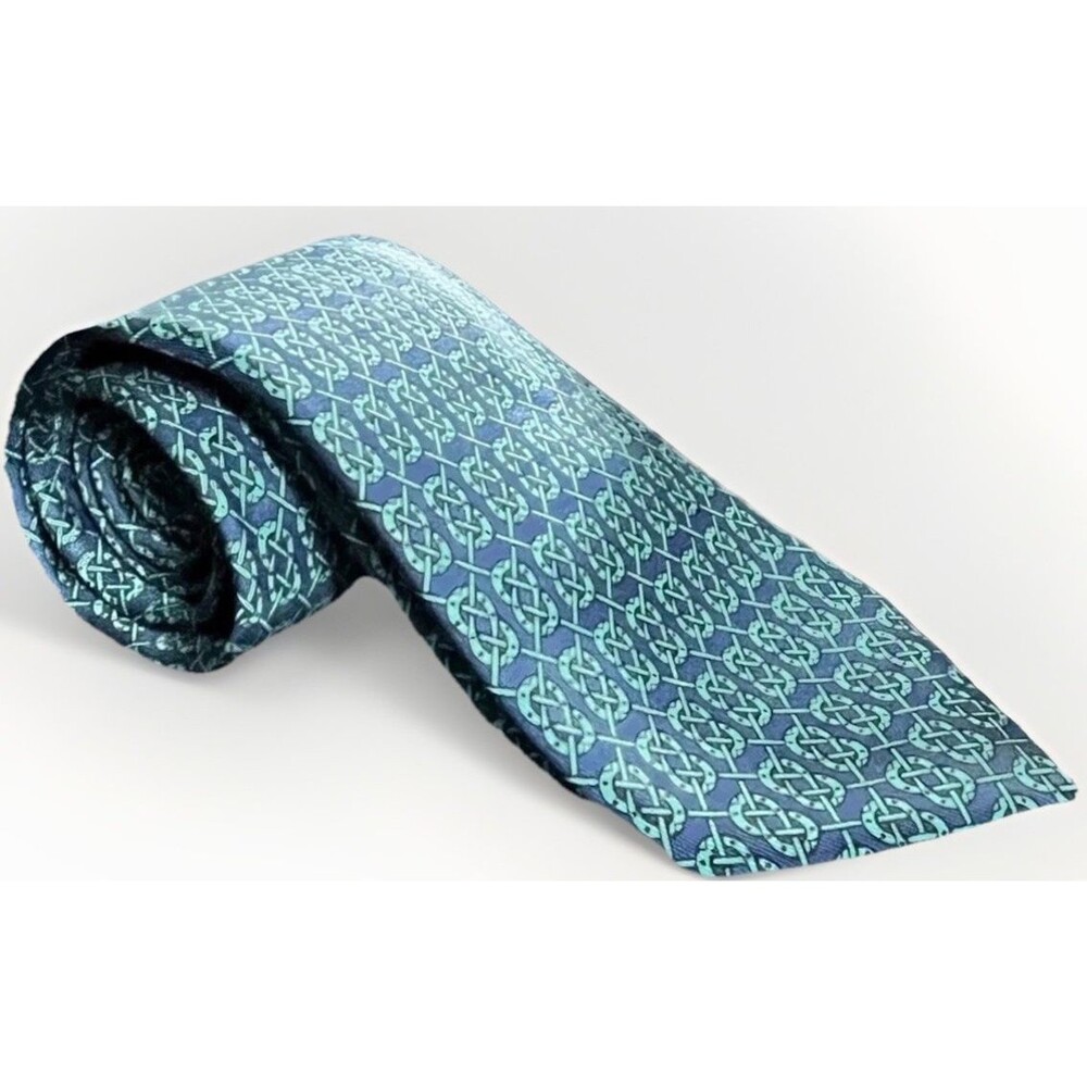 Hermes Equestrian Pattern Silk Tie Navy Teal Horseshoe Polo Mallet Paris EUC